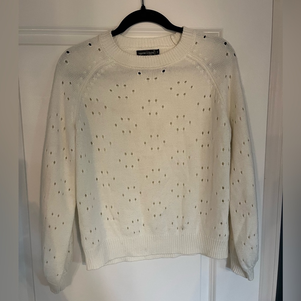 EUC Suprelook crew neck sweater, white color, with laser cut detailing!